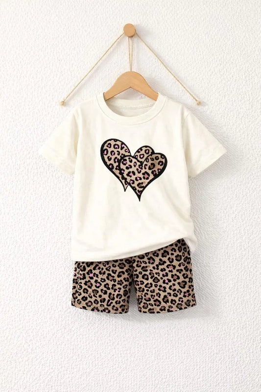 Girls off white cotton jersey leopard heart print 2pc night suit with shorts for summer sleepwear and casual wear
