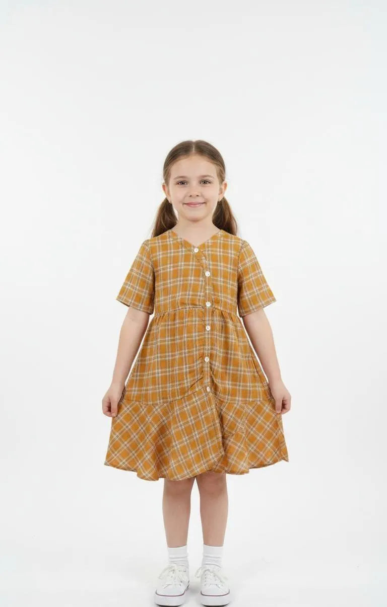 Girls beige printed cotton frock dress, soft breathable summer outfit for kids casual wear school and Eid occasions