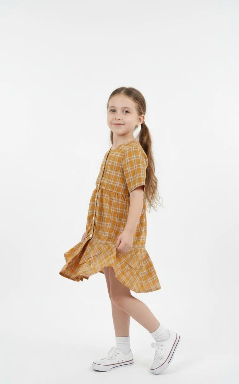 Girls beige printed cotton frock dress, soft breathable summer outfit for kids casual wear school and Eid occasions