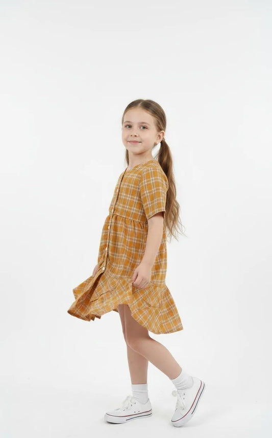 Girls beige printed cotton frock dress, soft breathable summer outfit for kids casual wear school and Eid occasions