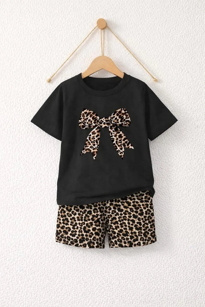 Girls black cotton jersey leopard print 2pc night suit with bow shirt and printed shorts for summer sleepwear and daily wear