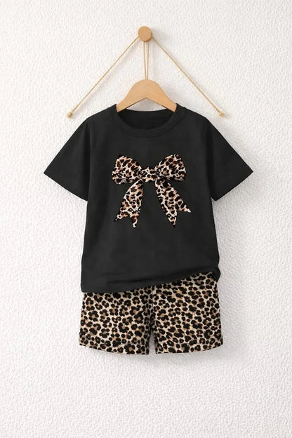 Girls black cotton jersey leopard print 2pc night suit with bow shirt and printed shorts for summer sleepwear and daily wear