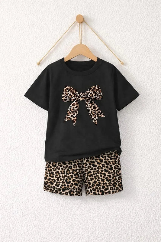 Girls black cotton jersey leopard print 2pc night suit with bow shirt and printed shorts for summer sleepwear and daily wear