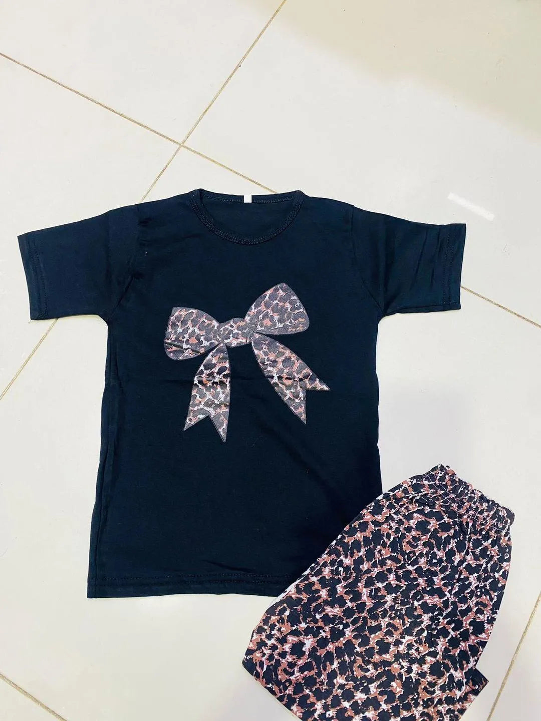 Girls black cotton jersey leopard print 2pc night suit with bow shirt and printed shorts for summer sleepwear and daily wear