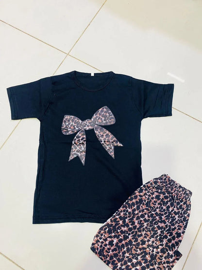 Girls black cotton jersey leopard print 2pc night suit with bow shirt and printed shorts for summer sleepwear and daily wear