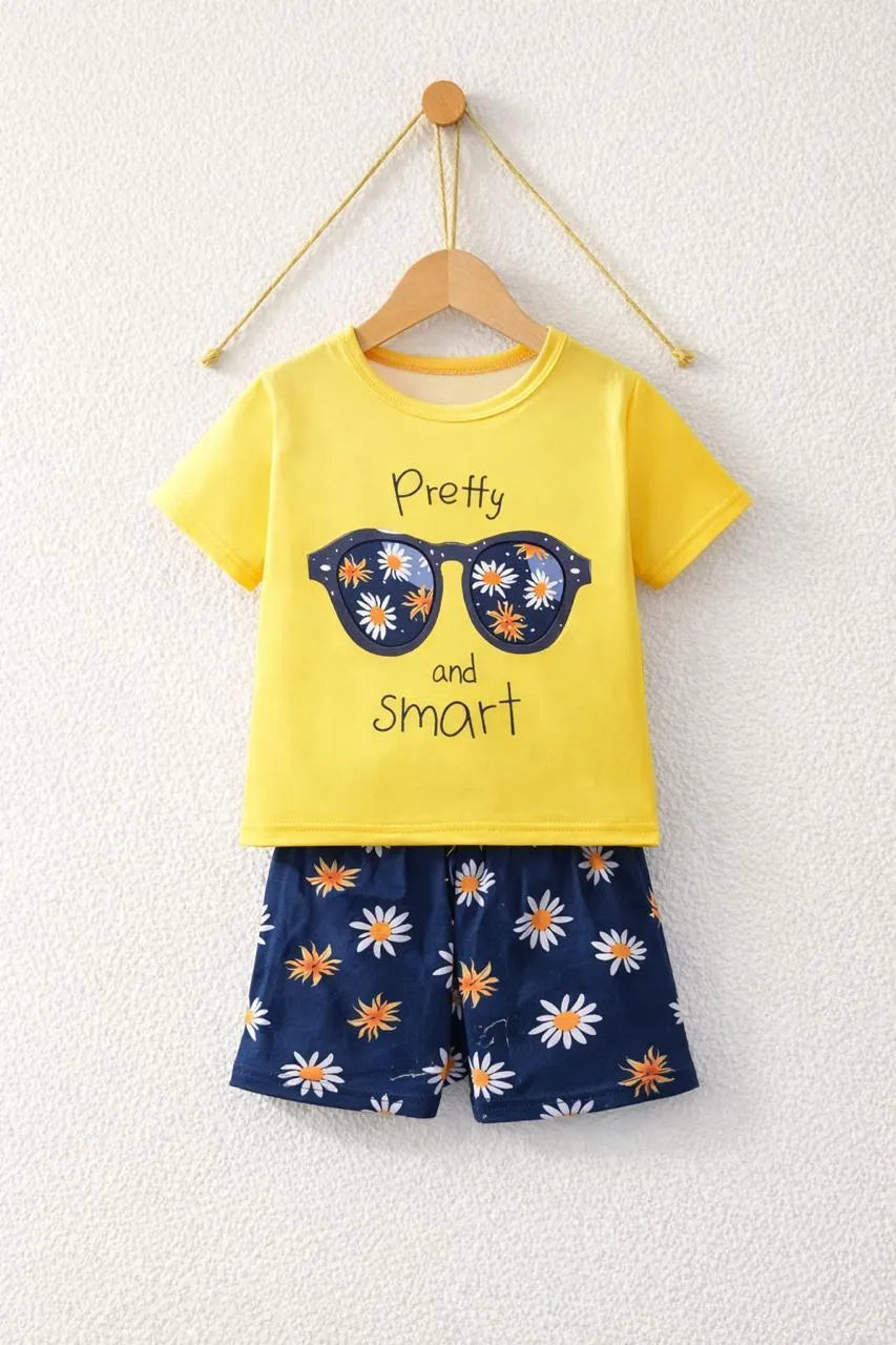 Girls yellow cotton jersey sunglasses daisy print 2pc night suit with navy floral shorts for summer sleepwear and casual use