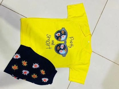 Girls yellow cotton jersey sunglasses daisy print 2pc night suit with navy floral shorts for summer sleepwear and casual use