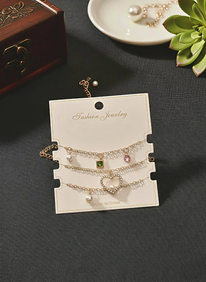 gold anklet set 3 pcs crystal pearl women jewelry