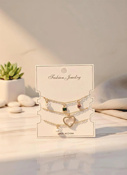 gold anklet set 3 pcs crystal pearl women jewelry