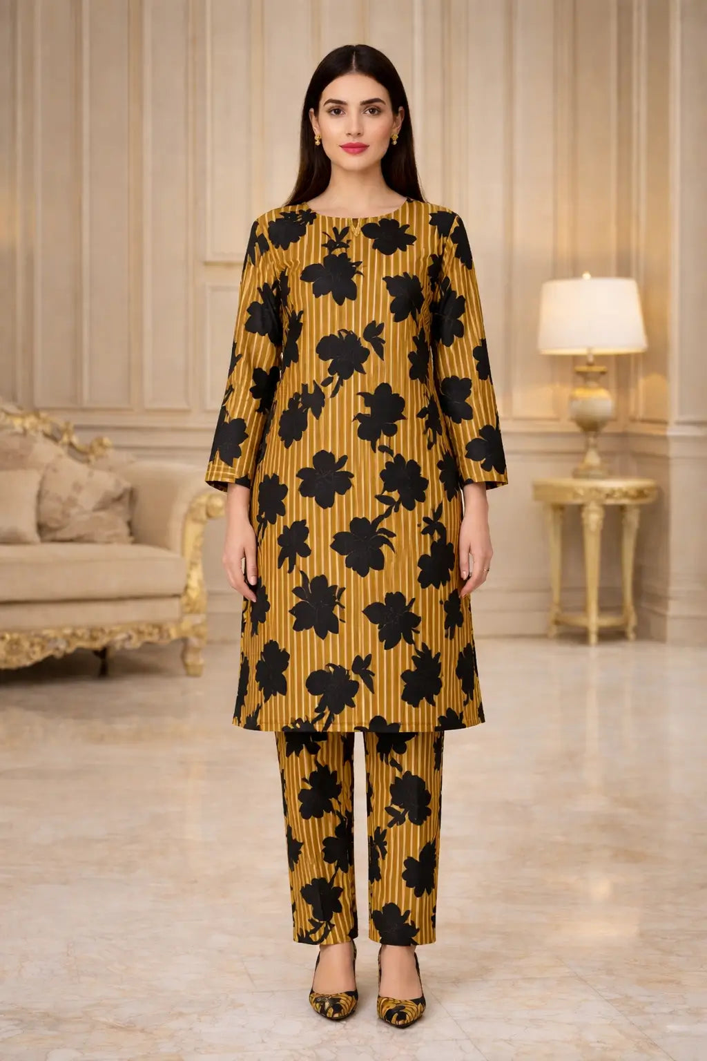 Golden printed polo cotton 2 piece suit for women with matching shirt and trouser soft breathable casual summer outfit