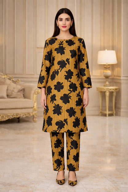 Golden printed polo cotton 2 piece suit for women with matching shirt and trouser soft breathable casual summer outfit
