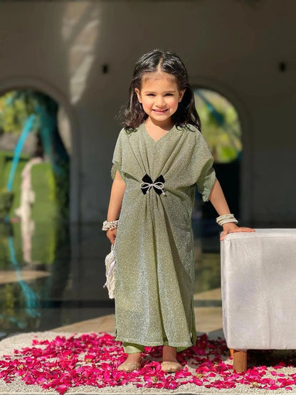 Girls green jersey kaftan with trouser set, glitter moonlight outfit with pearl belt for Eid parties and festive wear