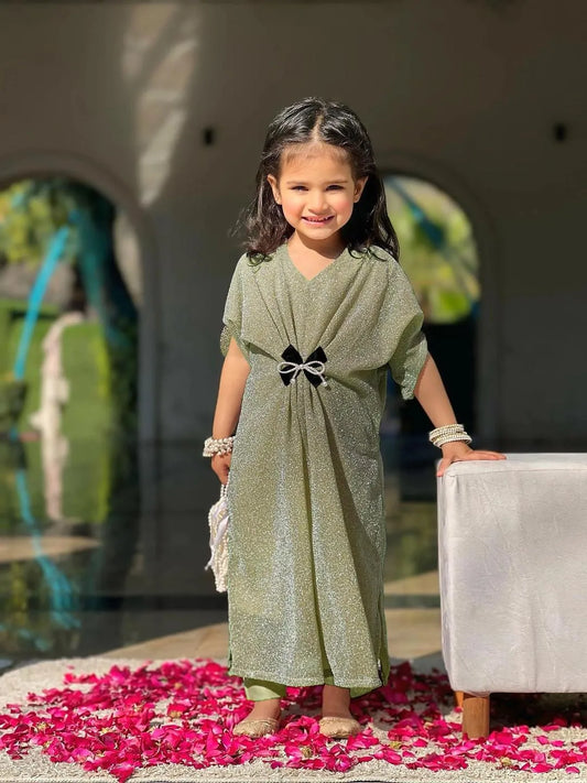 Girls green jersey kaftan with trouser set, glitter moonlight outfit with pearl belt for Eid parties and festive wear