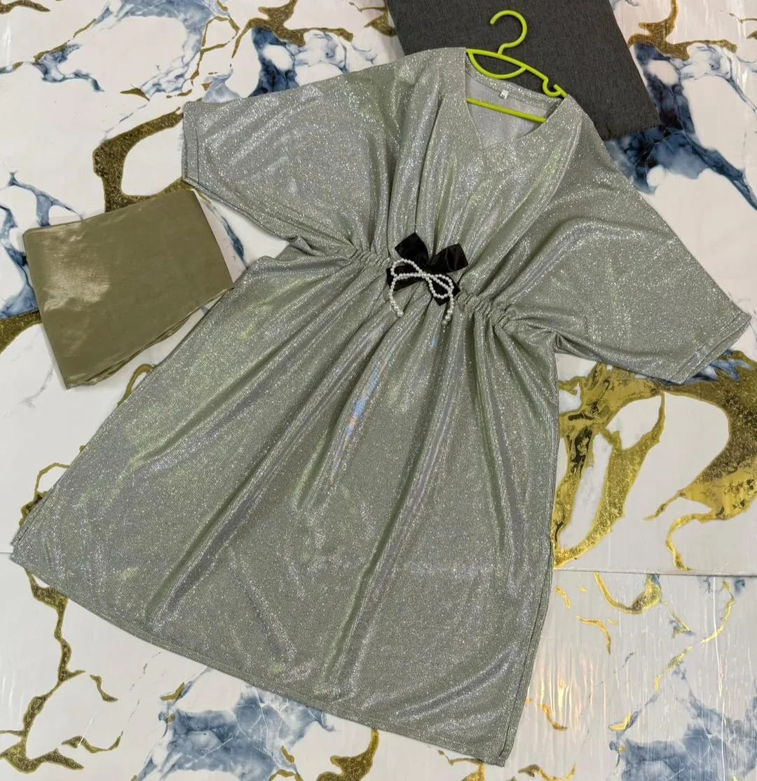 Girls green jersey kaftan with trouser set, glitter moonlight outfit with pearl belt for Eid parties and festive wear