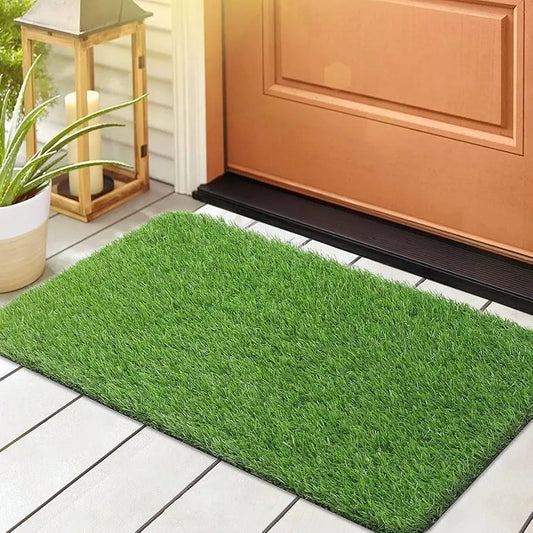 Grass door mat green non slip outdoor indoor rug, polyester floor mat for entrance dust control and home use