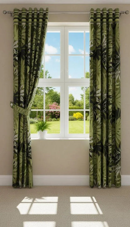 Green printed cotton curtains 2 pcs set 60x102 inch panels, soft breathable curtains for bedroom living room home decor use