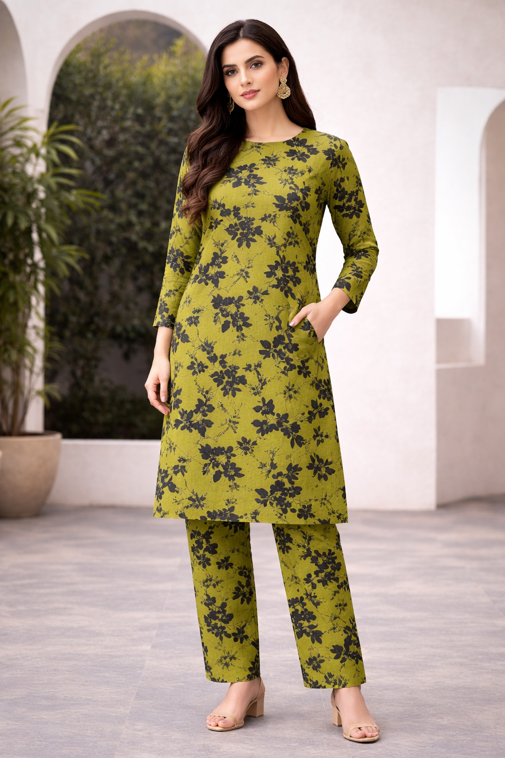 Green printed polo cotton 2 piece suit for women casual wear soft breathable fabric matching shirt and trouser set