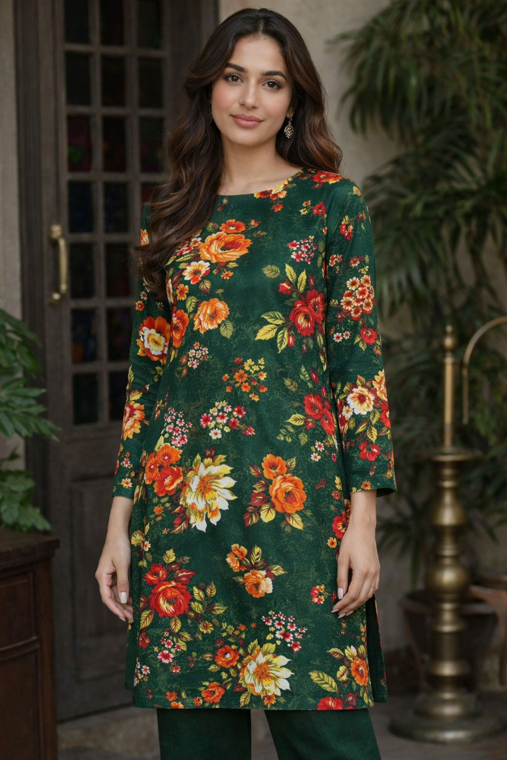 Green printed polo cotton 2 piece suit for women casual wear soft breathable fabric matching shirt and trouser set