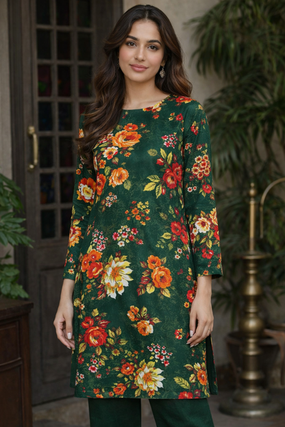 Green printed polo cotton 2 piece suit for women casual wear soft breathable fabric matching shirt and trouser set