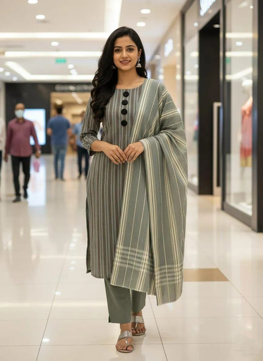 Grey printed Khaadi 3 piece suit for women with dupatta plain trouser soft breathable elegant traditional wear outfit