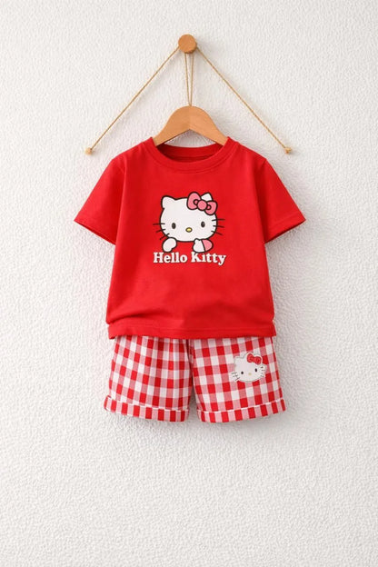 Girls red cotton jersey kitty print 2pc night suit with red white checkered shorts for summer sleepwear and casual wear