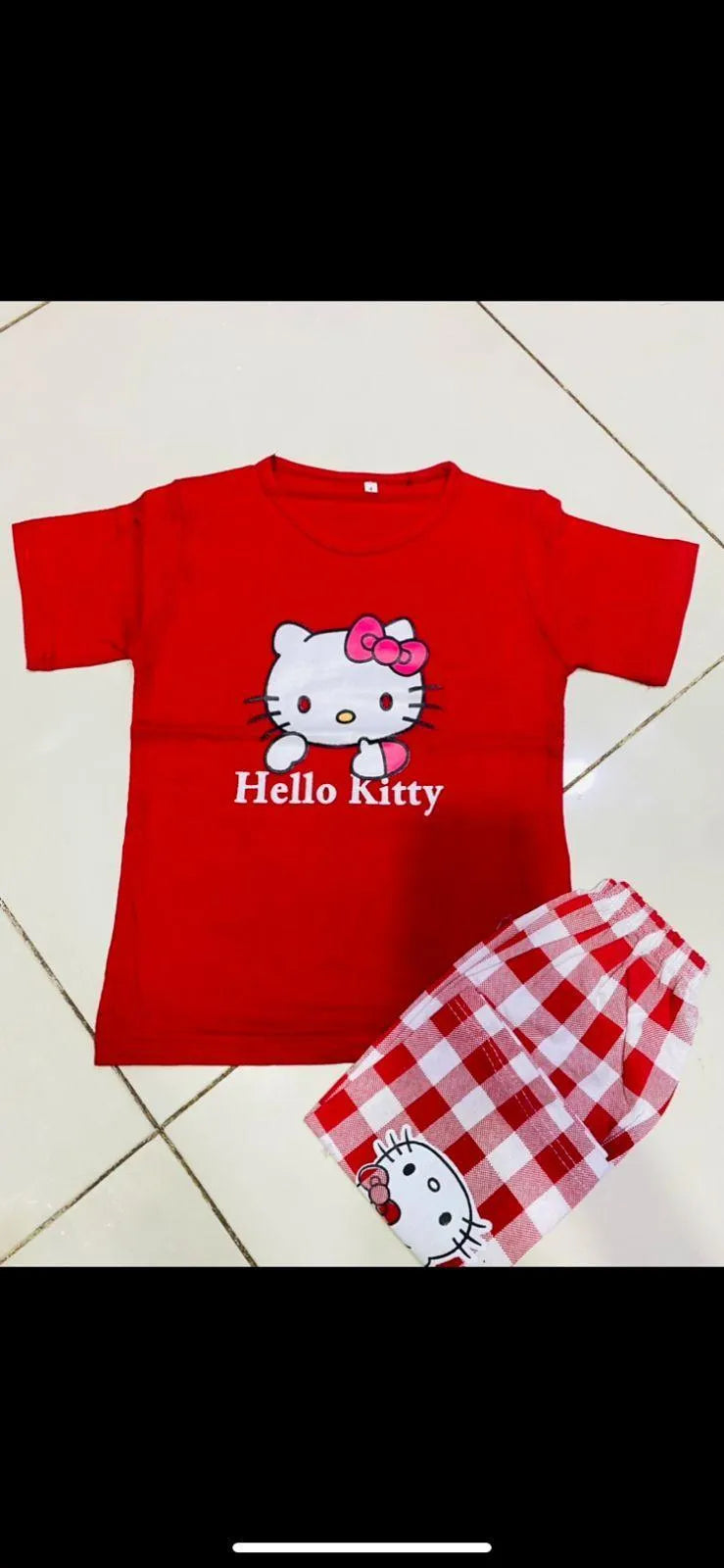 Girls red cotton jersey kitty print 2pc night suit with red white checkered shorts for summer sleepwear and casual wear