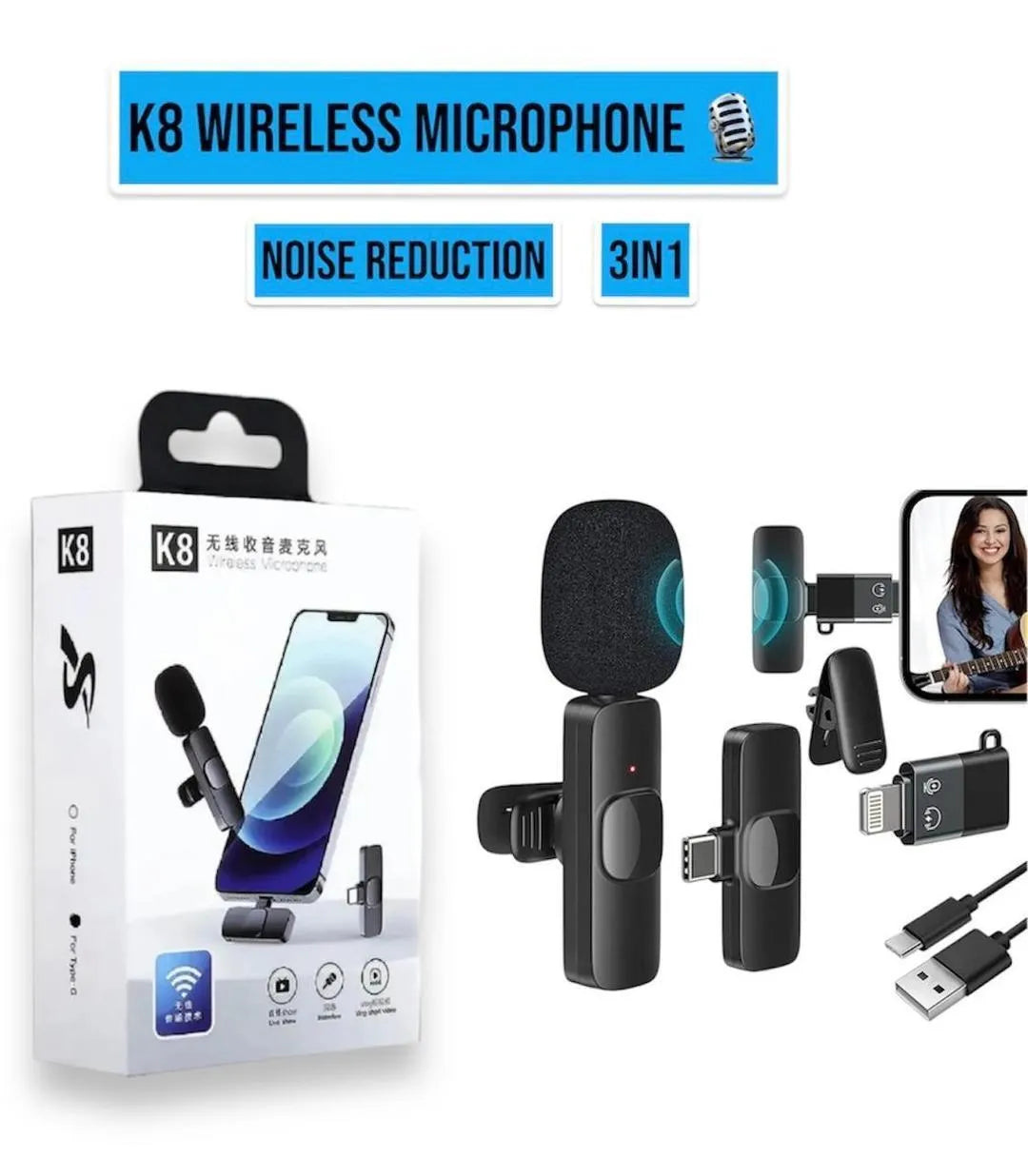K8 wireless microphone black portable mic with noise reduction, compatible with iPhone Android Type C for vlogging streaming recording