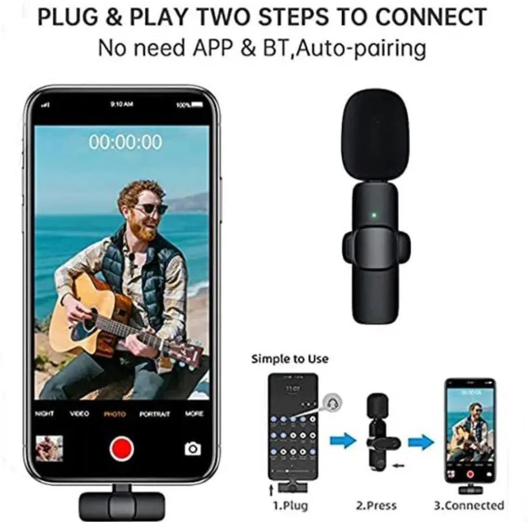 K8 wireless microphone black portable mic with noise reduction, compatible with iPhone Android Type C for vlogging streaming recording