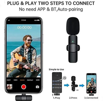 K8 wireless microphone black portable mic with noise reduction, compatible with iPhone Android Type C for vlogging streaming recording
