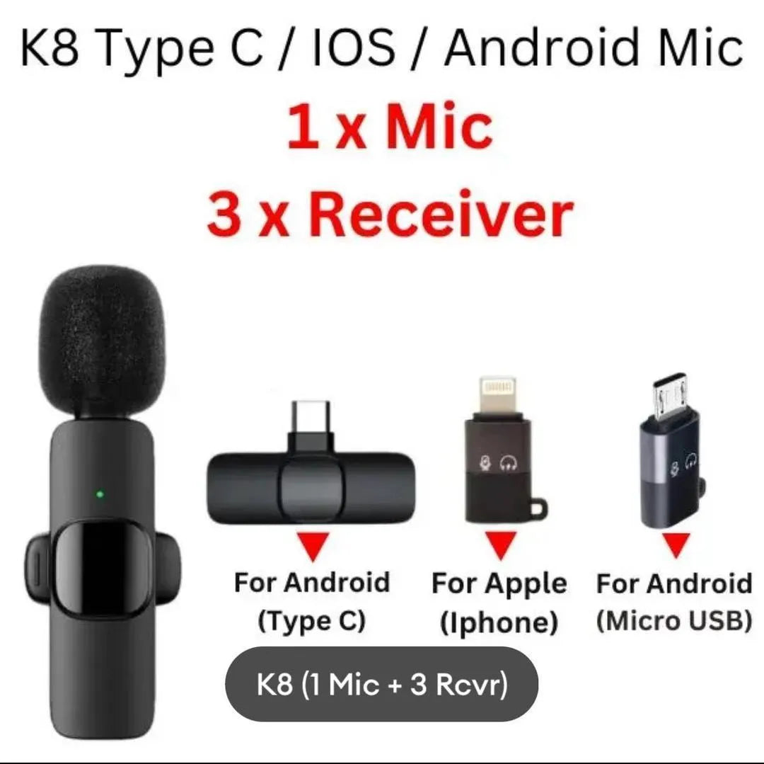 K8 wireless microphone black portable mic with noise reduction, compatible with iPhone Android Type C for vlogging streaming recording