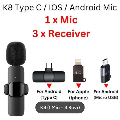 K8 wireless microphone black portable mic with noise reduction, compatible with iPhone Android Type C for vlogging streaming recording
