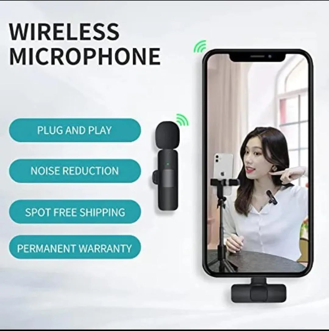 K8 wireless microphone black portable mic with noise reduction, compatible with iPhone Android Type C for vlogging streaming recording
