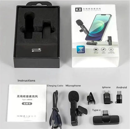 K8 wireless microphone black portable mic with noise reduction, compatible with iPhone Android Type C for vlogging streaming recording