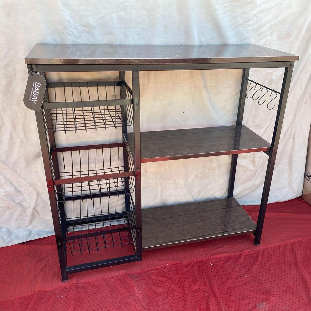 Iron oven stand rack kitchen storage shelf with hooks and baskets, space saving organizer for pots pans and utensils for daily home use