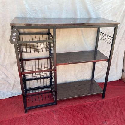 Iron oven stand rack kitchen storage shelf with hooks and baskets, space saving organizer for pots pans and utensils for daily home use