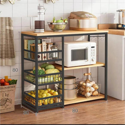 Iron oven stand rack kitchen storage shelf with hooks and baskets, space saving organizer for pots pans and utensils for daily home use
