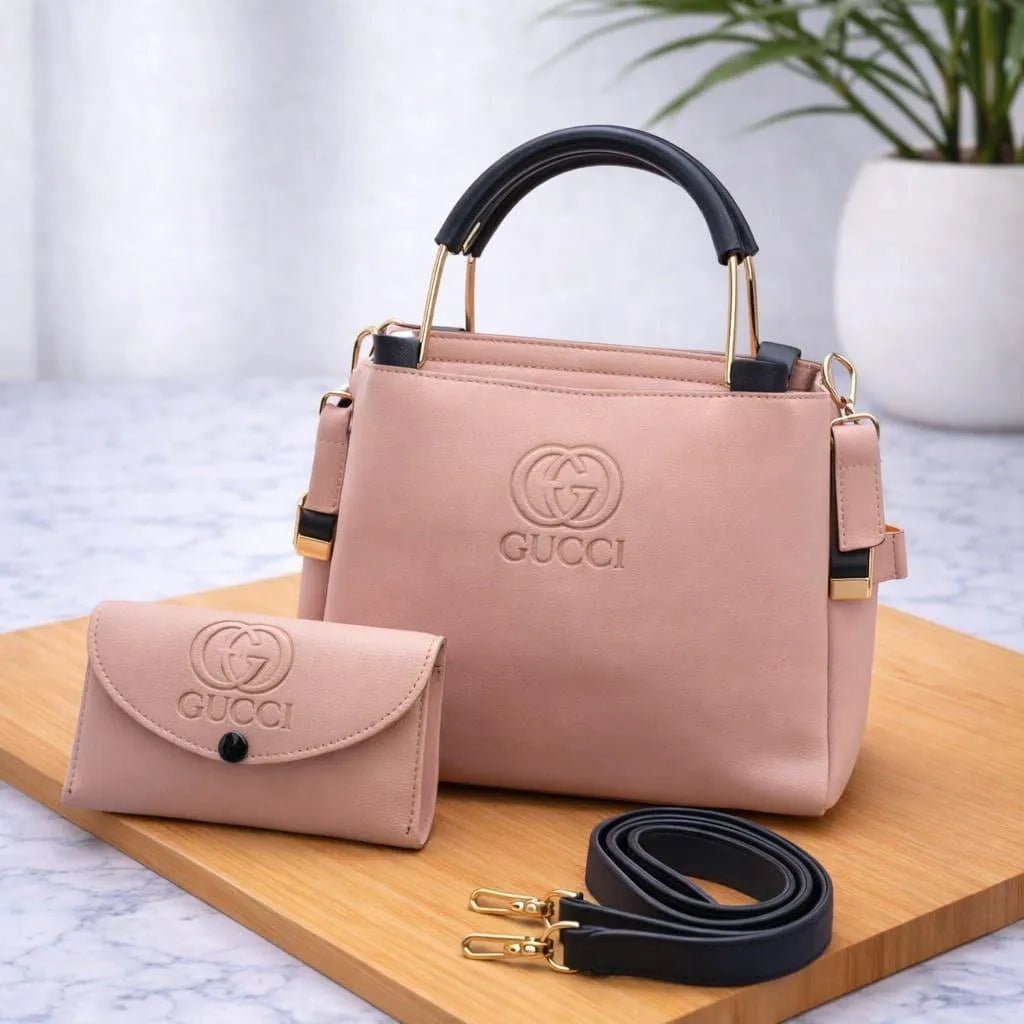 Purple leather handbag set for women 2 pcs with wallet stylish elegant bag with strap for daily and formal use