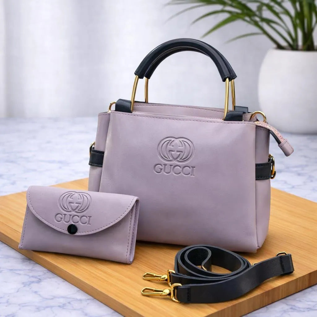 Purple leather handbag set for women 2 pcs with wallet stylish elegant bag with strap for daily and formal use