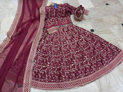 Maroon katan silk lehenga choli 4 piece suit for women with dupatta and potli embroidered wedding festive outfit
