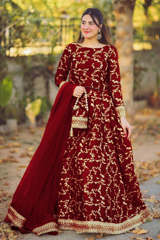 Maroon katan silk lehenga choli 4 piece suit for women with dupatta and potli embroidered wedding festive outfit