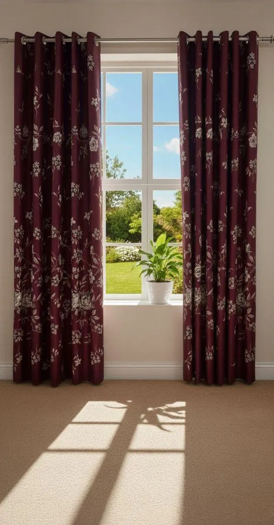 Maroon floral cotton curtains 2 pcs set 60x102 inch panels, soft breathable curtains for bedroom living room elegant home decor use
