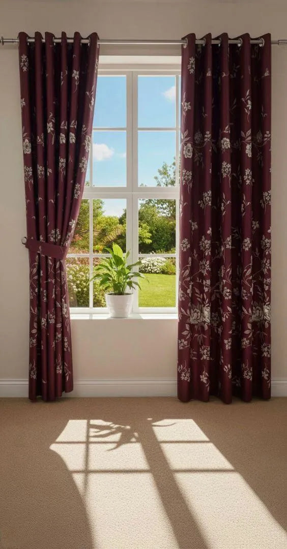 Maroon floral cotton curtains 2 pcs set 60x102 inch panels, soft breathable curtains for bedroom living room elegant home decor use
