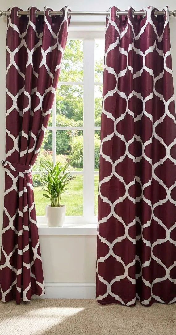 Maroon printed cotton curtains 2 pcs set 60x100 inch panels, soft breathable curtains for bedroom living room home decor use