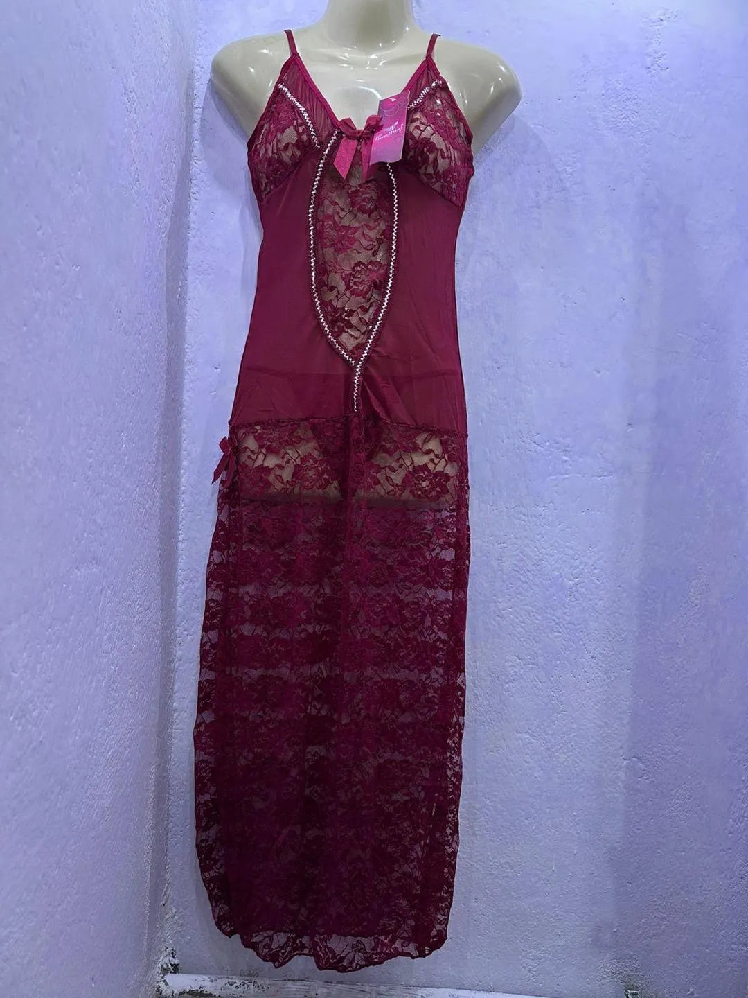 Maroon lace floor length nightgown with floral lace pattern adjustable straps lightweight comfortable sleepwear for bridal and night use