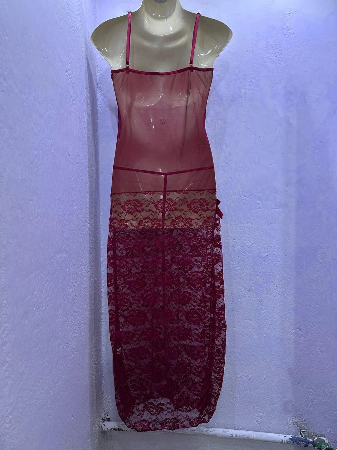 Maroon lace floor length nightgown with floral lace pattern adjustable straps lightweight comfortable sleepwear for bridal and night use