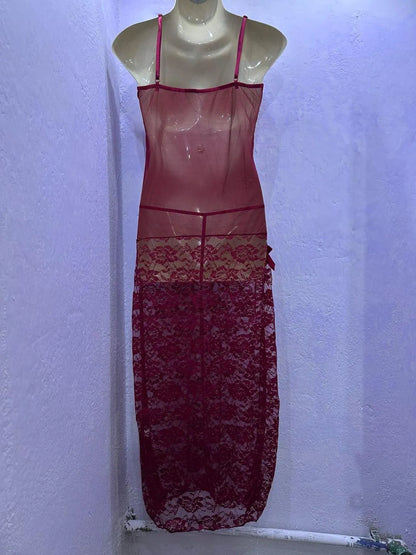 Maroon lace floor length nightgown with floral lace pattern adjustable straps lightweight comfortable sleepwear for bridal and night use