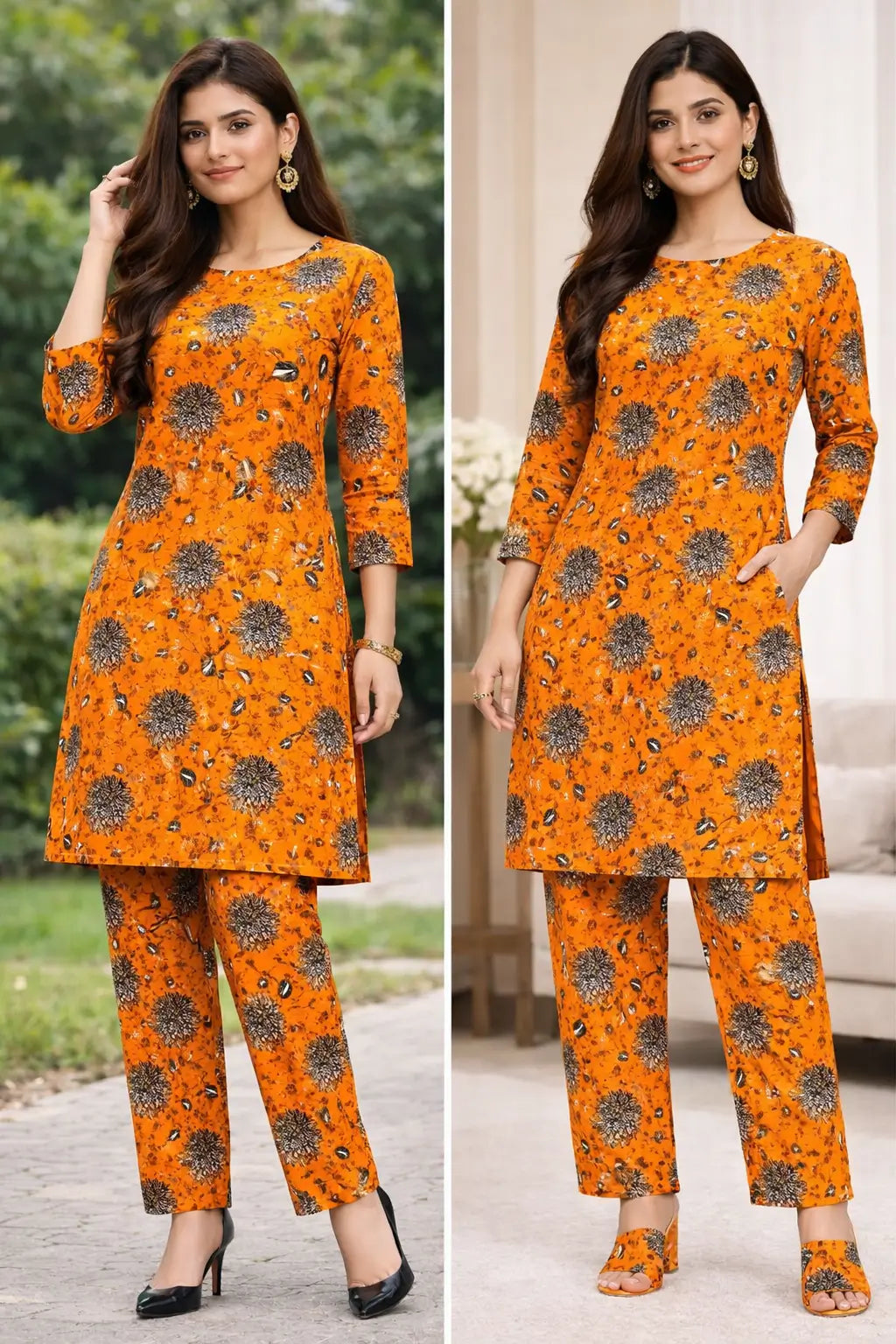 Orange printed polo cotton 2 piece suit for women casual wear soft breathable fabric matching shirt and trouser set