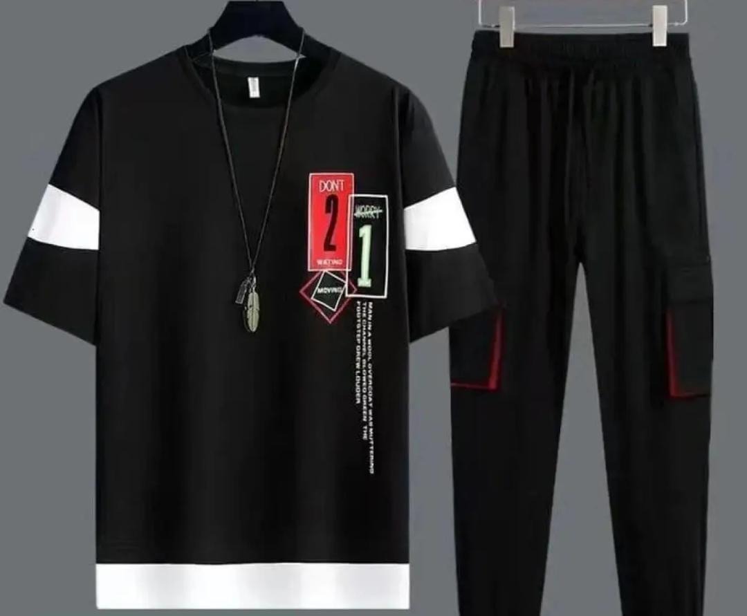 Men black micro interlock graphic sublimation 2pc tracksuit with contrast stripes for summer casual and semi formal wear