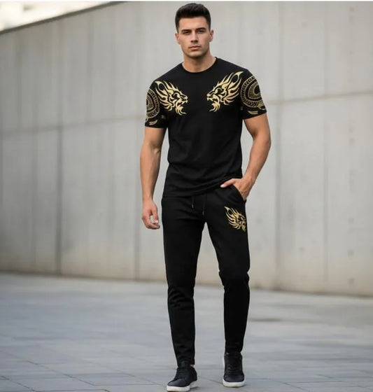 Men black micro interlock lion print 2pc tracksuit with hooded neck for casual wear parties and semi formal events in Pakistan