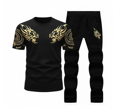 Men black micro interlock lion print 2pc tracksuit with hooded neck for casual wear parties and semi formal events in Pakistan